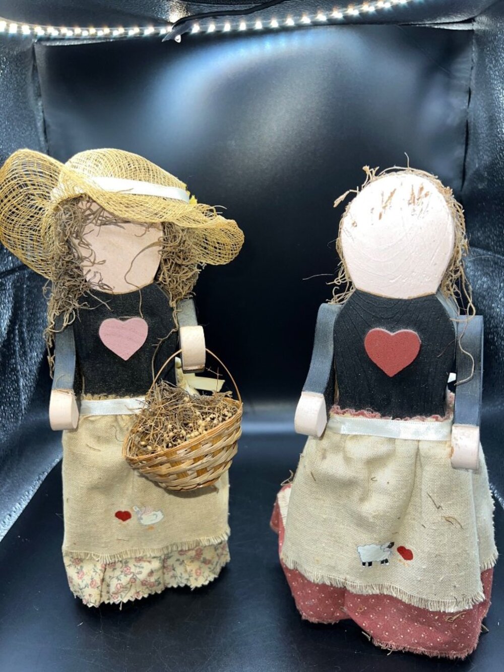 Handmade Wooden Farmhouse Folk Art Dolls With Baskets Rustic  Country Primitive